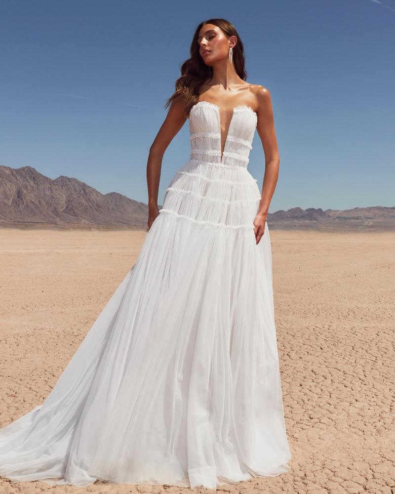 Lp2411 beach boho wedding dress with plunging neckline and tulle a line silhouette4